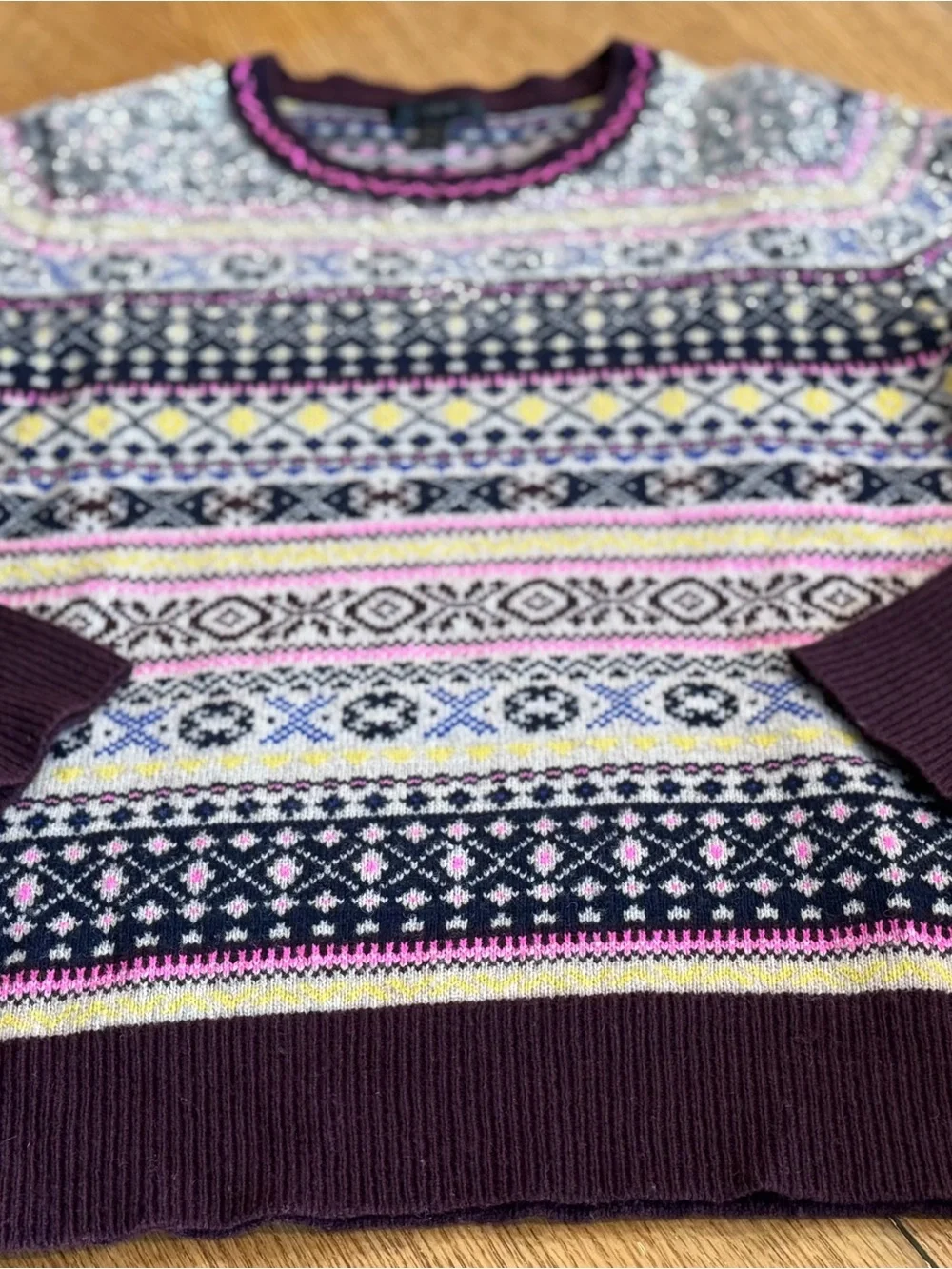 J. Crew Fair Isle Crewneck Sweater in Burgundy, Pink and Yellow